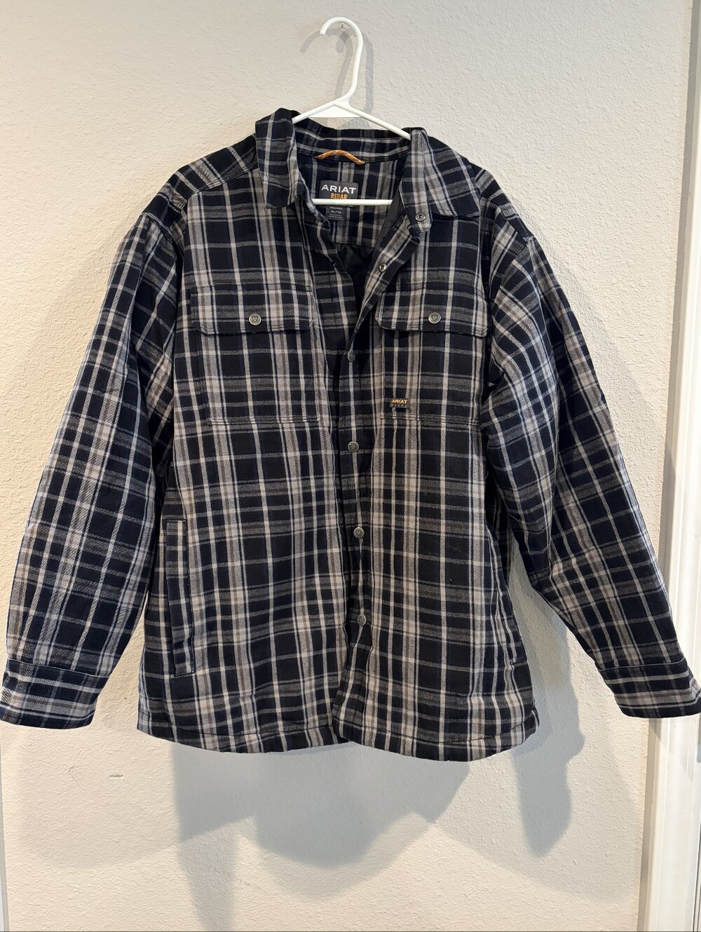 Ariat Rebar Mens Classic Casual Black Grey Plaid Heavyweight Flannel Jacket XL